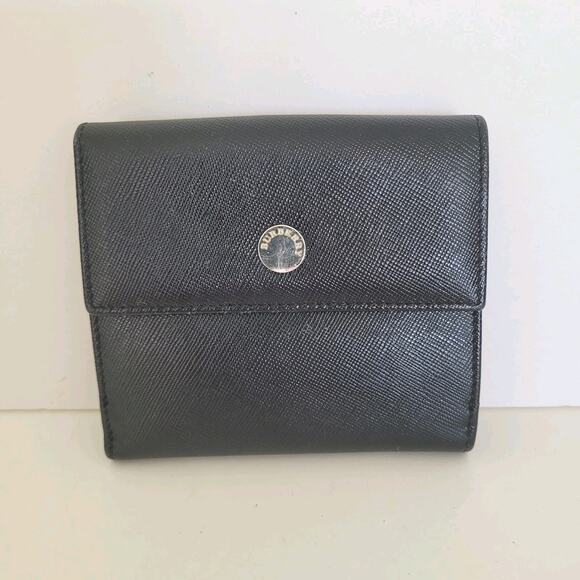 Burberry Leather Bifold Wallet Black Logo Compact Designer Unisex Authentic - Picture 1 of 11